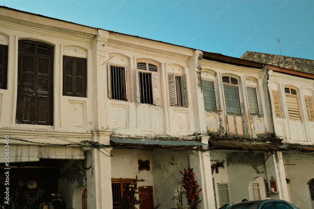 Old colonial vintage buildings in the famous historic town of Penang or Georgetown in Malaysia