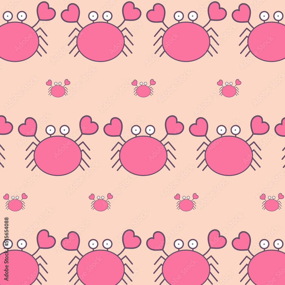 Seamless pattern of cute crab cartoon character. Hand drawn flat vector illustration isolated on orange background. Halloween theme for textile print, wallpaper, wrapping paper.