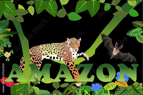 Jaguar lying on the word amazon, among tree and tropiacl plant, bat flying jungle template