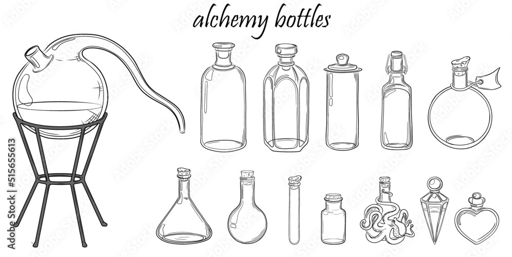 Hand drawn set of alchemy bottlesisolated on white background. Magic alchemy vector illustration with test tube, potion bottle, glass flasks and jars. Chemystry, sience, esoteric, occult. Hand drawn set of alchemy bottlesisolated on white background. Magic alchemy vector illustration with test tube, potion bottle, glass flasks and jars. Chemystry, sience, esoteric, occult.