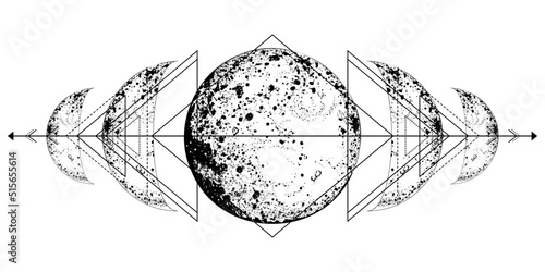 Full moon with sacred geometry. Lunar phases. Celestial vector illustrations on white background. Tatoo. Astrology, alchemy, magic, mystical, boho symbol. Moon pagan. Wicca moon. Triple goddess maiden