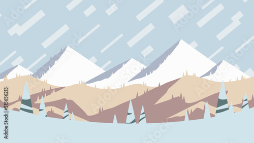Holiday At The Mountains, Flat Design Landscape Poster Artwork. Sunset Over The Winter Hills Poster, Horizontal  Vector Illustration. 