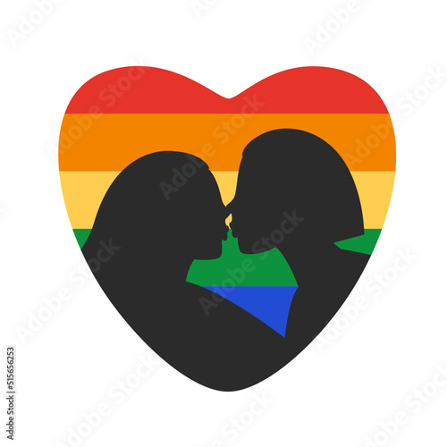 Lesbian kiss. Black silhouette of kissing lgbt couple with rainbow heart on the background. Homosexual sweetheart couple together. Vector illustration.
