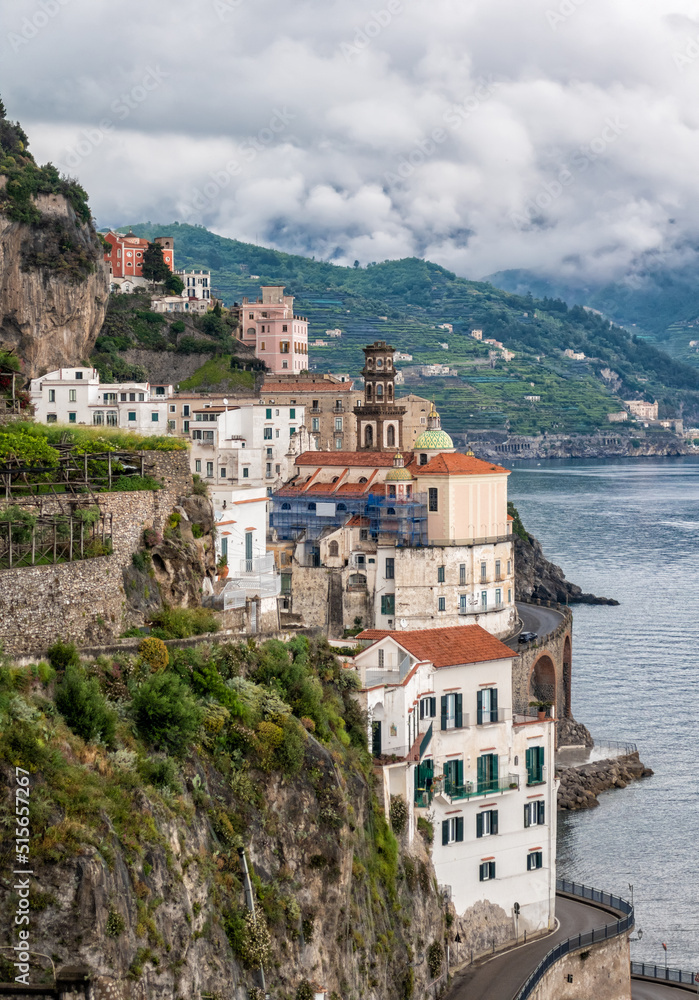Small town Atrani on Amalfi Coast in province of Salerno, Campania region, Italy. Amalfi coast is popular travel and holiday destination