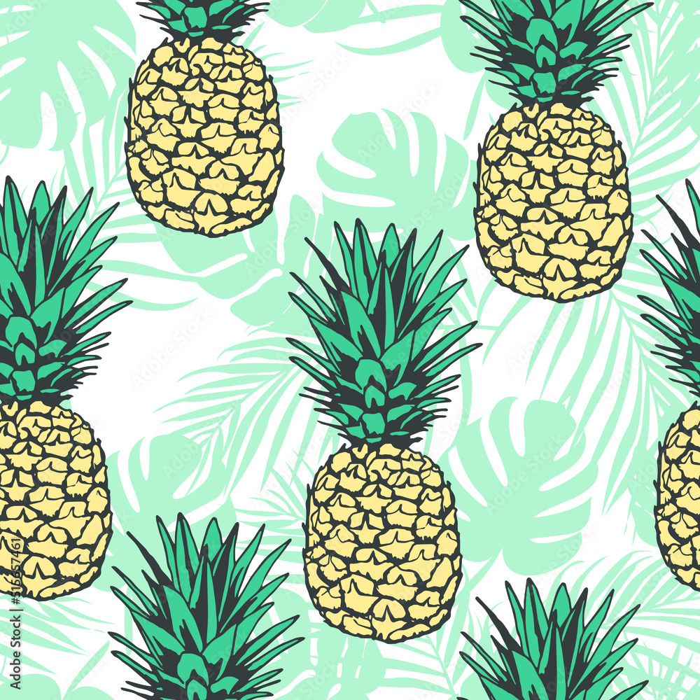 Seamless pattern with pineapples and trapical leaves. Vector illustration. Great for textiles and packaging. Seamless pattern with pineapples and trapical leaves. Vector illustration. Great for textiles and packaging.