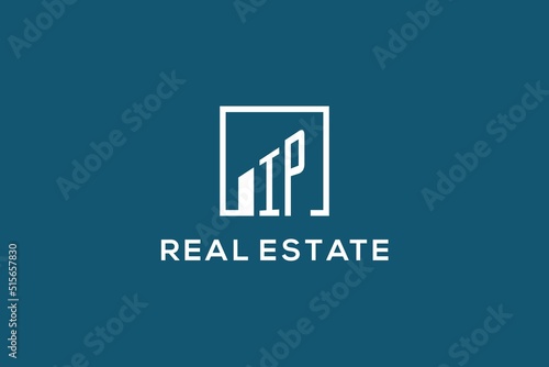 Letter IP square line with building logo design, creative monogram logo style for real estate company