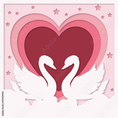 Swans with stars and hearts. Valentine's Day. paper cut. Layered paper cut background. Paper cut out style Shadow box