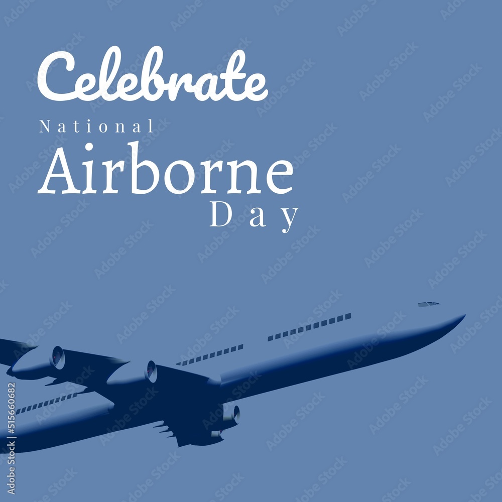 Image of celebrate national airborne day over blue background and plane Image of celebrate national airborne day over blue background and plane
