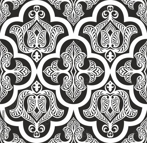 Vector monocrome seamless oriental national ornament, background. Endless ethnic floral pattern of Arab peoples. Persian painting. For sandblasting, laser and plotter cutting.