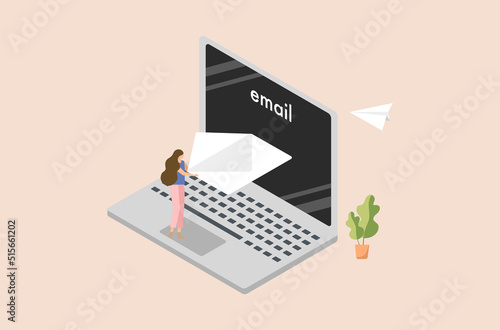 A businesswoman is sending email vector, a businesswoman is receiving email vector, flat design of paperless communication in office vector, a businesswoman is working on computer vector.