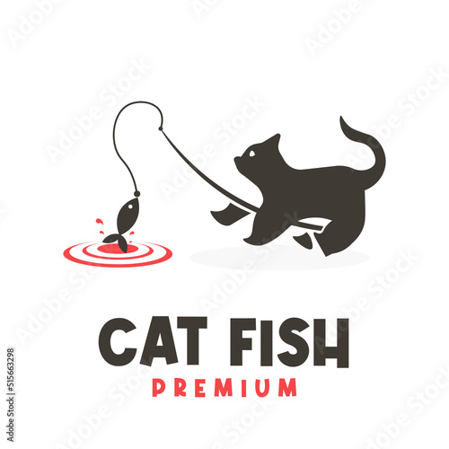 Logo illustration of a cute cat fishing