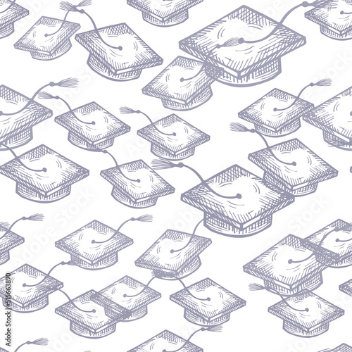 Graduate hats engraved seamless pattern. Vintage element education in hand drawn style.