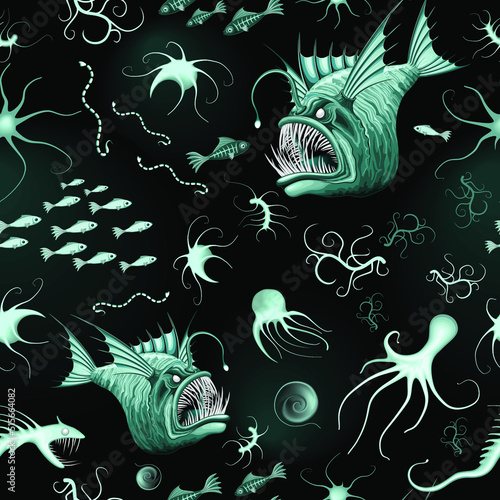 Fish Abyssal Monster and bioluminescent Sea Creatures on Deep Ocean Zone Vector Seamless Pattern