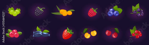 Fruit glowing for slot on dark blue background. Set of bright game elements in form of berries.