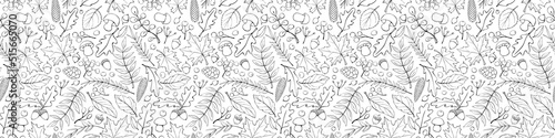 Seamless pattern falling leaves, acorns, berries, mushrooms. Vector autumn texture, isolated, hand drawn in doodle style, black outline. Concept of forest, leaf fall, nature, thanksgiving