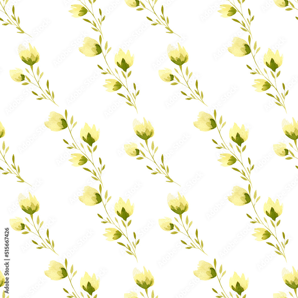Seamless yellow flowers pattern. Watercolor background with abstract yellow and green flower and leaf for textile, wallpaper, home decor Seamless yellow flowers pattern. Watercolor background with abstract yellow and green flower and leaf for textile, wallpaper, home decor