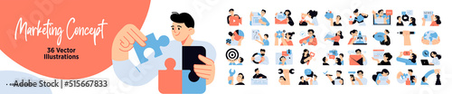 Set of marketing people illustrations. Flat design vector concepts of business marketing, strategy, planning, digital advertising, social media and communication.
