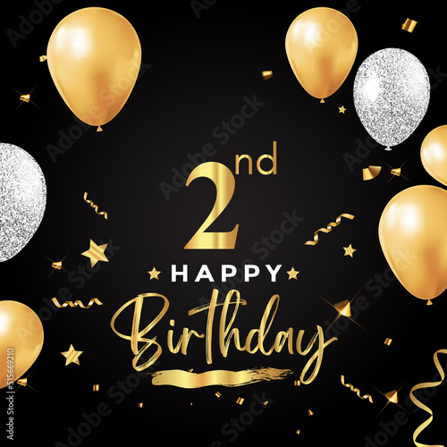 Happy 2nd birthday with balloon  grunge brush  star and confetti isolated on black background. Premium design for birthday celebrations  birthday card  greetings card  ceremony.