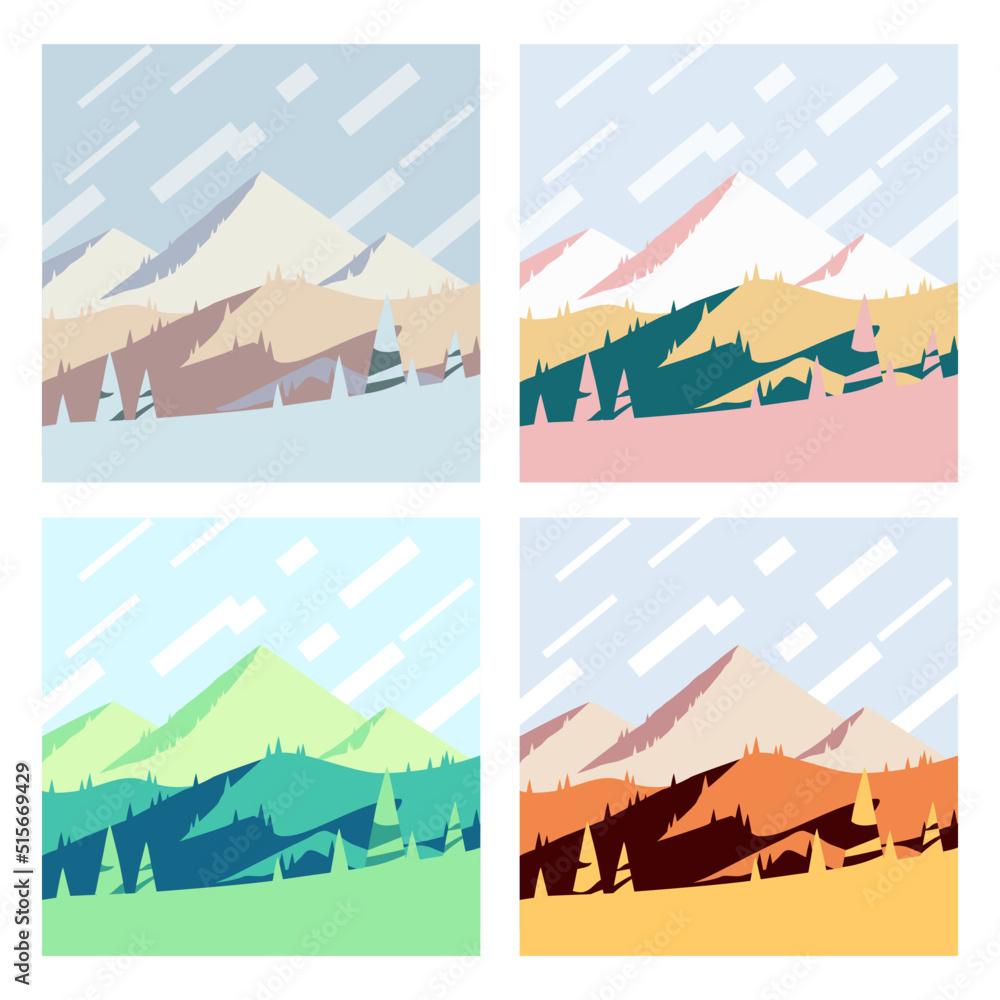 Naklejka premium Colorful Seasons At The Mountains, Square Posters Vector Illustration Set. Winter, Spring, Summer And Fall Outdoor Collection, Hills And Mountain Peaks at Different Times Of The Year. 