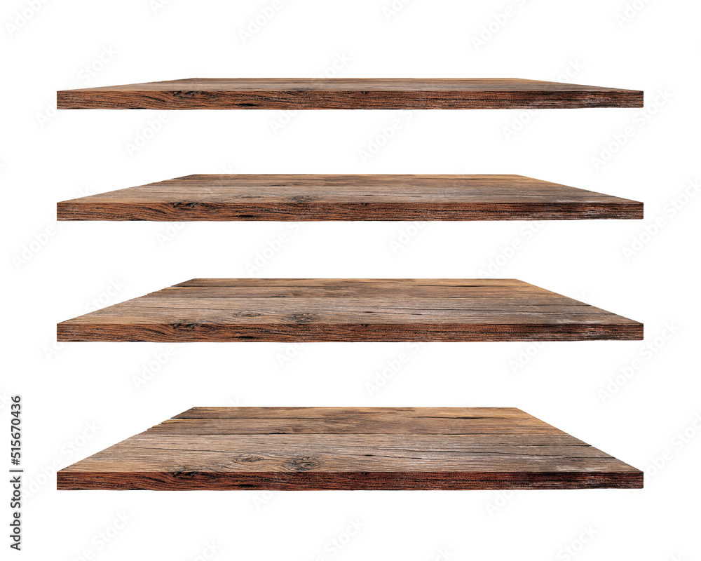A collection of four wooden shelves on a white background that separates the objects. for a product display montage.