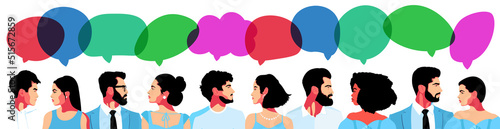 Silhouette group of multiethnic women and man who talk and share ideas and information. Communication and friendship women or girls of diverse cultures. Women social network community. Speak.