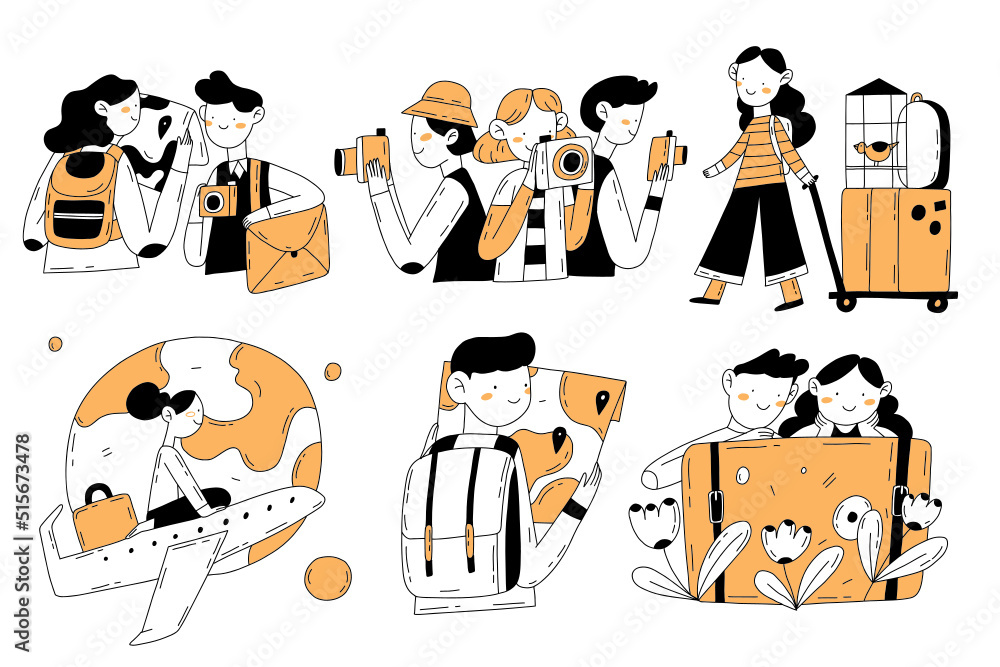 Obraz premium World tourism day set of hand drawn outline illustrations in doodle style. Cartoon travelers with map, backpacks, bags and cameras.