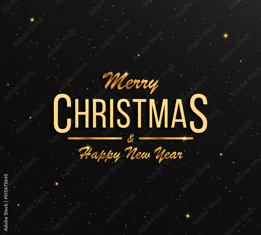 Black background with gold letters with gold confetti. Christmas card.