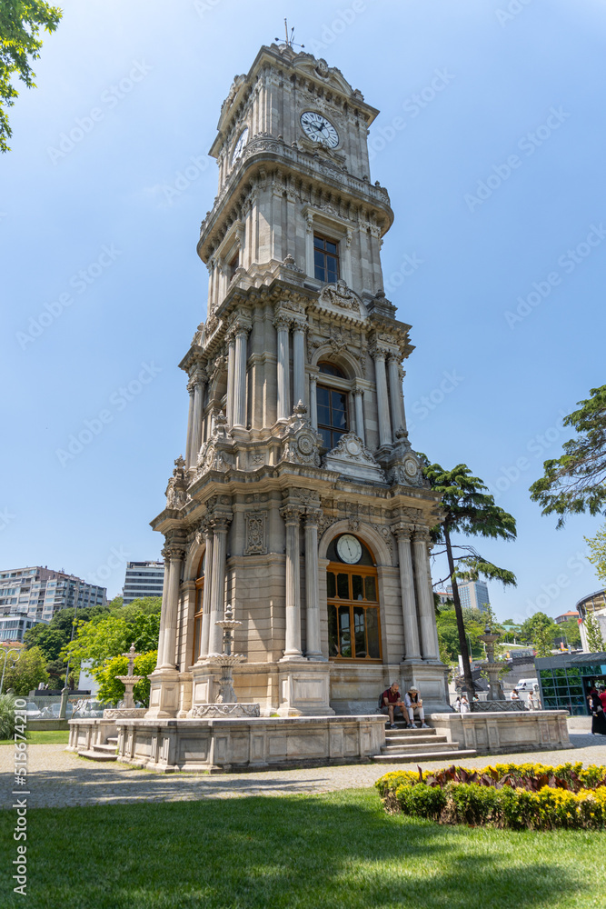 Clock tower in the gardens of Dolmabahçe Palace, on a sunny day