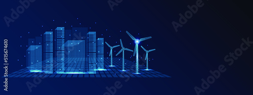 Wind power plant vector illustration in wireframe style. Windfarm  with wind mills energy concept.