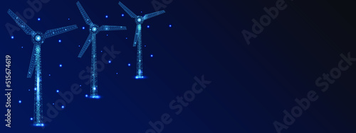 Wind power plant vector illustration in wireframe style. Windfarm  with wind mills energy concept.