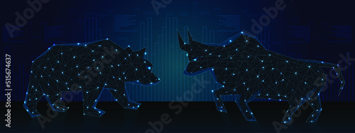 Concept of stock market exchange or financial technology, polygon bull and bear low poly wireframe.
