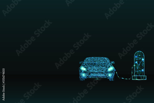Electric car vehicle charging in low poly wireframe style.