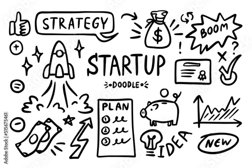 Startup doodle vector set. Sketch outline business strategy icons. Drawing element silhouette