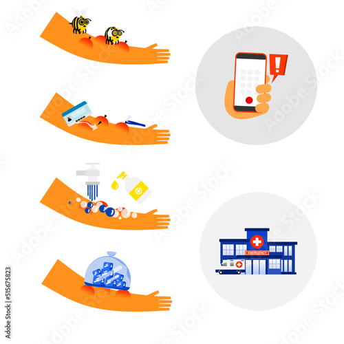 Illustration of a bee sting first aid on isolation background.