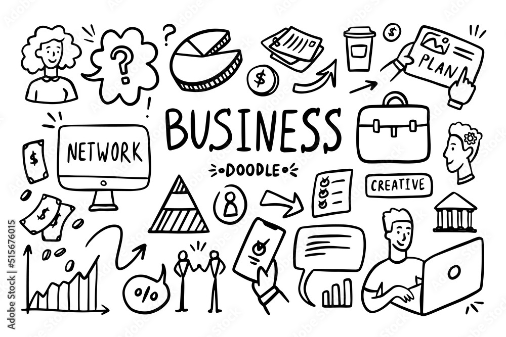 Business doodle vector set. Simple sketch outline marketing icons. Drawing element silhouette