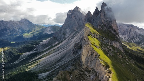 Canvas Print Bird's eye view of Mountains Sass Rigais and Furchetta in South Tyrol, Dolomites