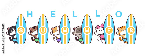 Hello Summer Cute Cat Animal Waving Hand With Surf Board Banner Background Drawing