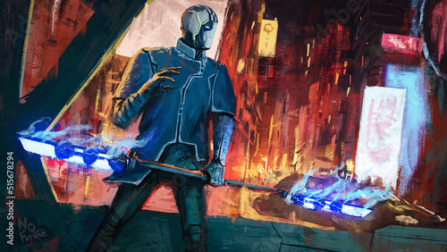 Digital painting of a cyberpunk warrior with a double sided blade and against a neon red future city - fantasy cyberpunk illustration