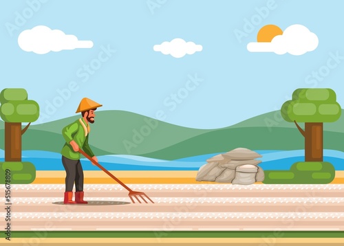Farmer making and harvesting salt from sea water in traditional illustration vector