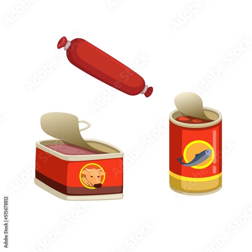 Canned food, sardine and sausage symbol set cartoon illustration vector