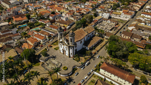 Church of Sao Francisco de Assis in Sao Joao del Rei Town in Brazil. Aerial View photo