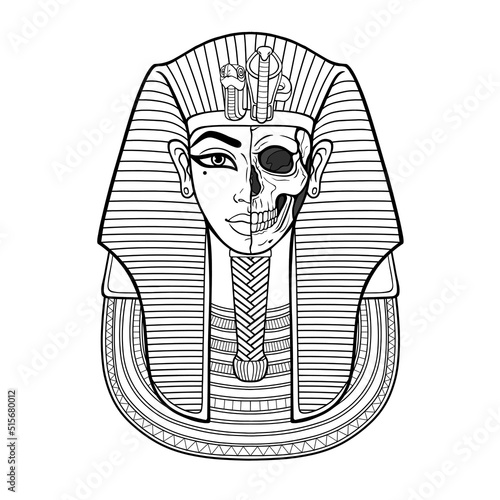Animation linear portrait: King Tutankhamun mask, ancient Egyptian pharaoh. Half of the face is a skull. Vector illustration isolated on a white background.