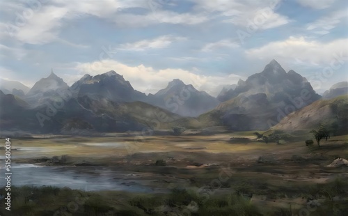 Modern art painting on the canvas of the beautiful landscape in green and gray colors