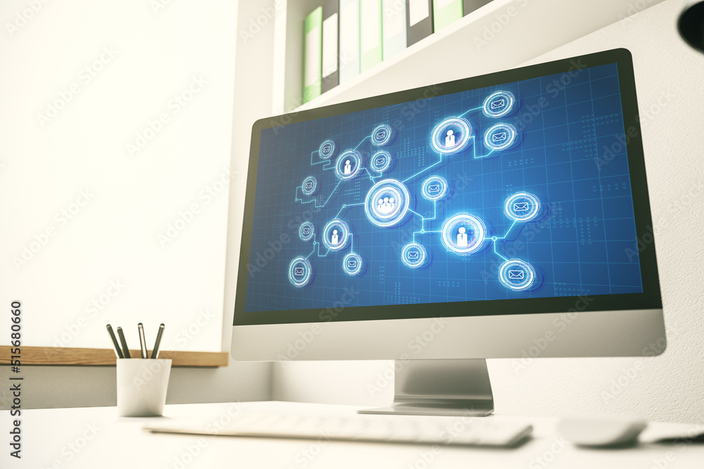 Modern computer display with social network icons concept. Networking concept. 3D Rendering Modern computer display with social network icons concept. Networking concept. 3D Rendering
