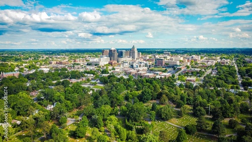 Aerial view of Greensboro city under a blue cloudy sky on a sunny day in summer photo