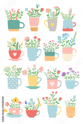 Flowers in cup summer spring set vector