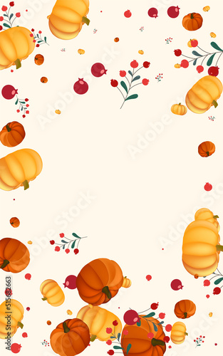 Colorful Gourd Background Beige Vector. Leaves Vintage. Green Food Border. October Texture. Orange Rowan Nature Banner.
