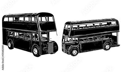 Silhouette of Double decker bus, Sketch drawing of Double decker Bus, Line art illustration of indian vintage retro bus photo