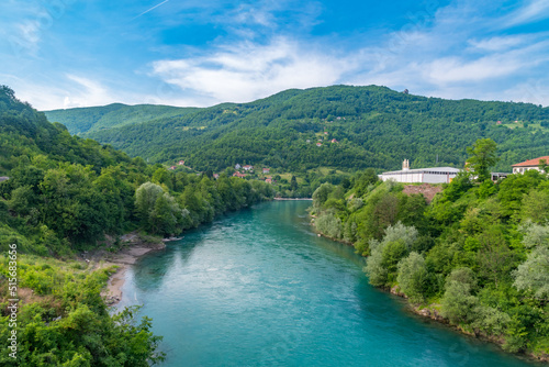 View on Drina river between trees. Beautiful view on mountains river in Bosnia and Herzegovina.