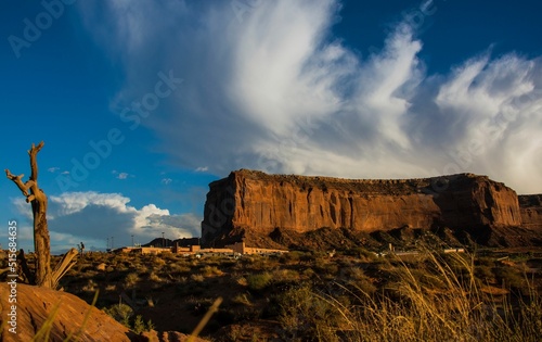 Beautiful view of the Enchanted Mesa Mountain, under cloudy sky at San Ildefonso Pueblo,New Mexico photo